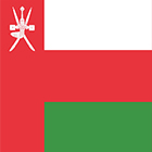 The image shows Oman's national flag with red, white, and green horizontal bands and a white emblem of crossed sword and knives on the top left over a red field.